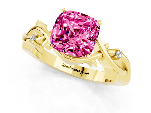 Yellow gold Cushion Cut Pink Sapphire Solitaire Ring with Twisted Band and Prong Setting