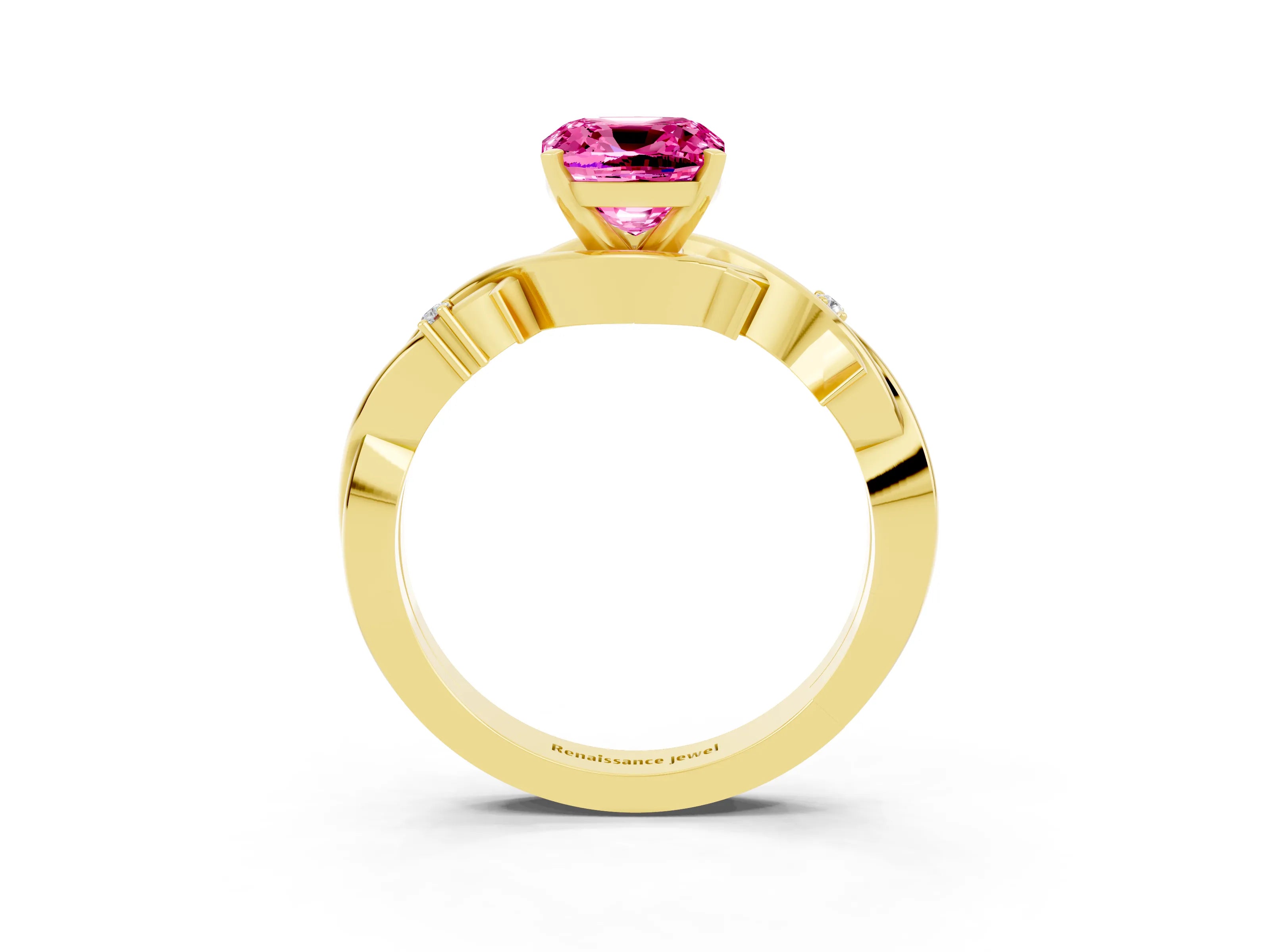 Yellow gold Cushion Cut Pink Sapphire Solitaire Ring with Twisted Band and Prong Setting_3