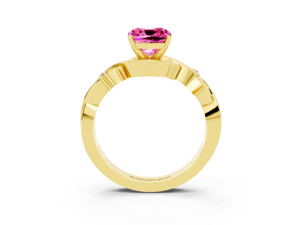 Yellow gold Cushion Cut Pink Sapphire Solitaire Ring with Twisted Band and Prong Setting