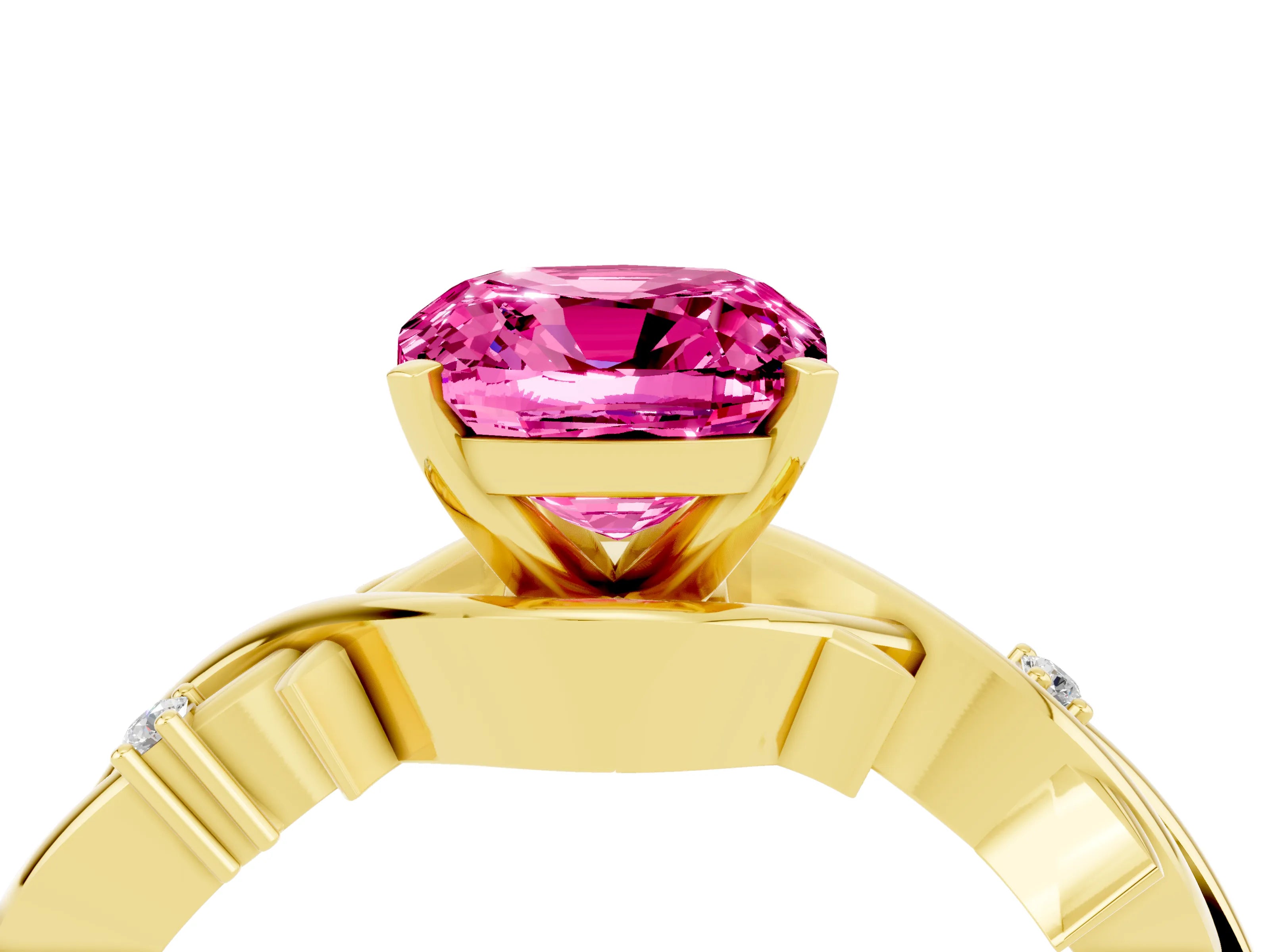 Yellow gold Cushion Cut Pink Sapphire Solitaire Ring with Twisted Band and Prong Setting_4