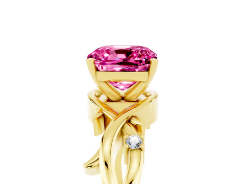 Yellow gold Cushion Cut Pink Sapphire Solitaire Ring with Twisted Band and Prong Setting_5