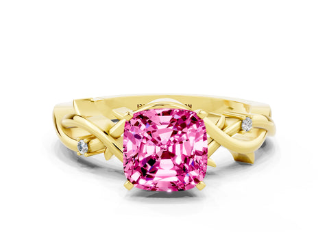 Yellow gold Cushion Cut Pink Sapphire Solitaire Ring with Twisted Band and Prong Setting
