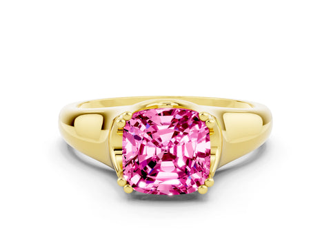 Yellow gold Cushion Cut Pink Sapphire Solitaire Ring with Wide Band and Prong Setting_24