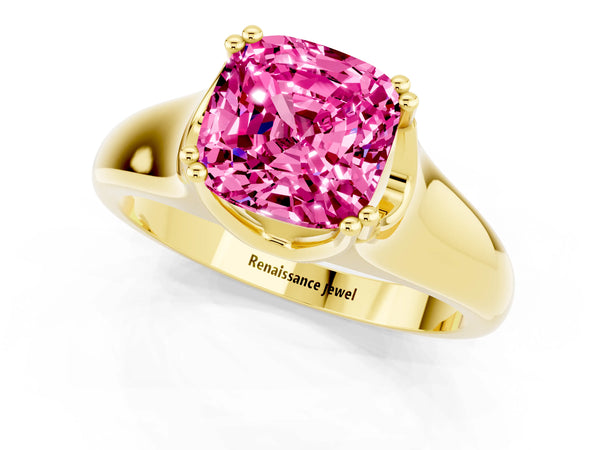 Yellow gold Cushion Cut Pink Sapphire Solitaire Ring with Wide Band and Prong Setting