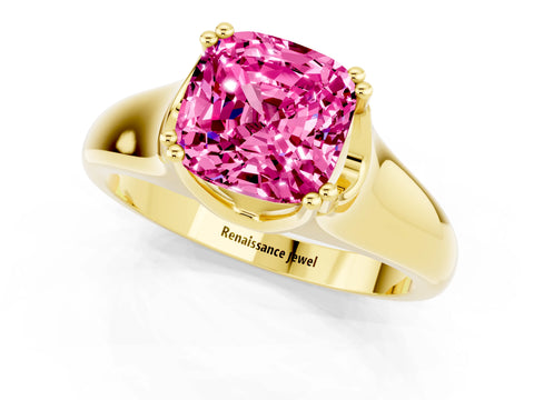 Yellow gold Cushion Cut Pink Sapphire Solitaire Ring with Wide Band and Prong Setting_25