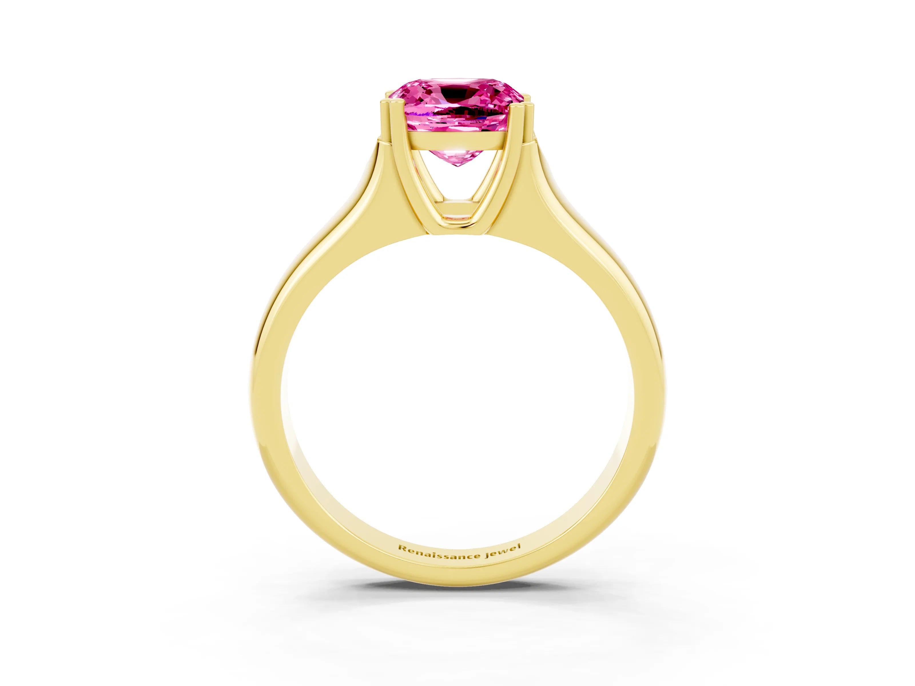 Yellow gold Cushion Cut Pink Sapphire Solitaire Ring with Wide Band and Prong Setting_27