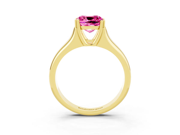 Yellow gold Cushion Cut Pink Sapphire Solitaire Ring with Wide Band and Prong Setting