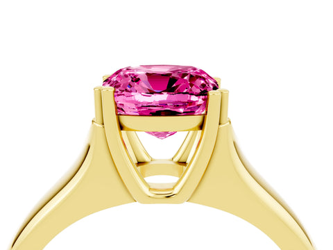 Yellow gold Cushion Cut Pink Sapphire Solitaire Ring with Wide Band and Prong Setting_28