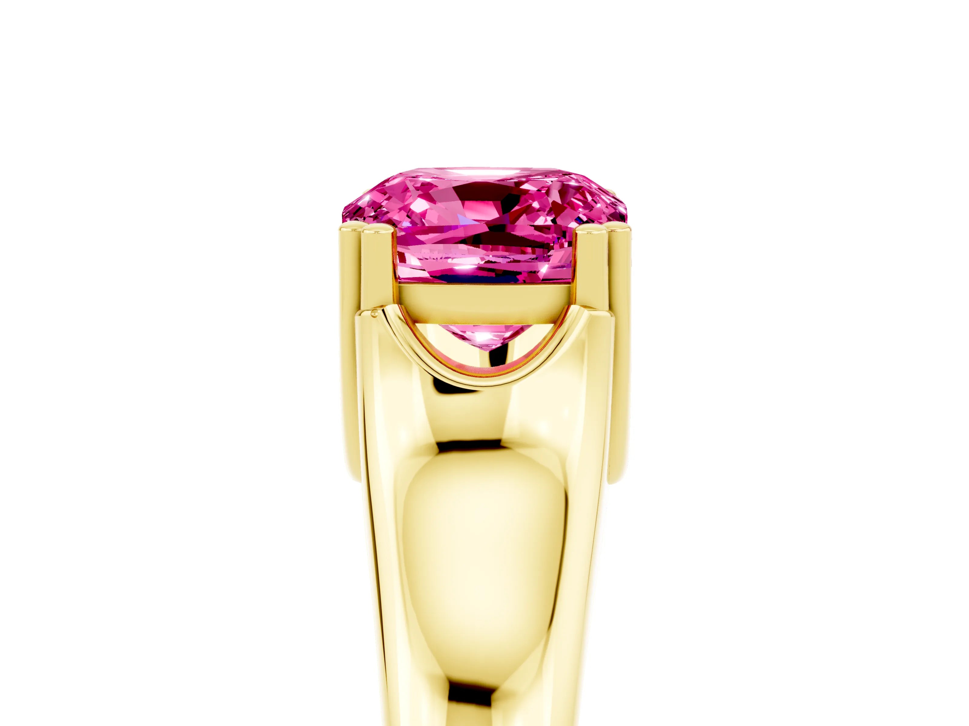 Yellow gold Cushion Cut Pink Sapphire Solitaire Ring with Wide Band and Prong Setting_29