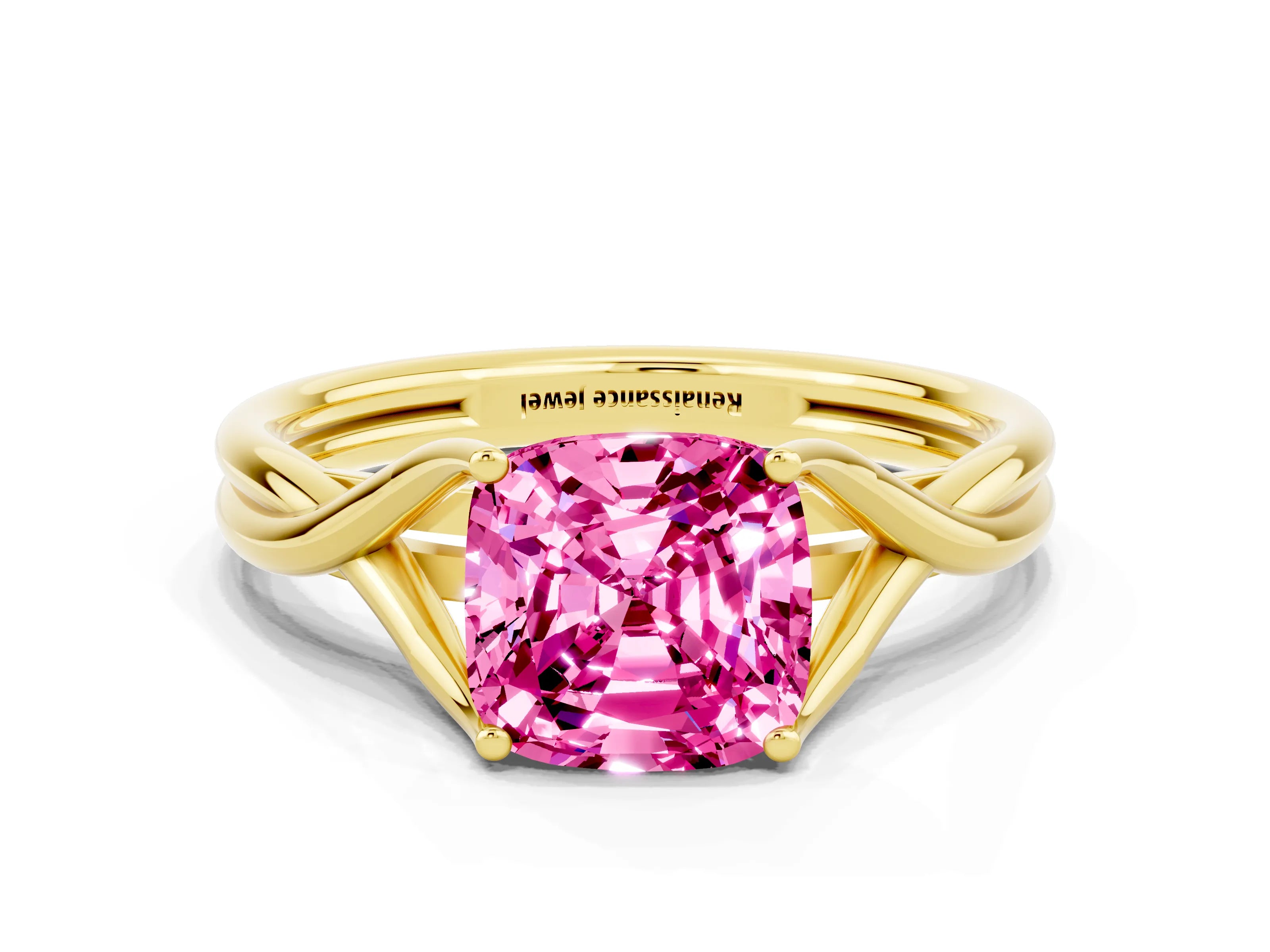 Yellow gold Cushion Cut Pink Sapphire Solitaire Twist Band Prong Setting Ring_72