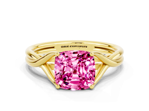 Yellow gold Cushion Cut Pink Sapphire Solitaire Twist Band Prong Setting Ring_72
