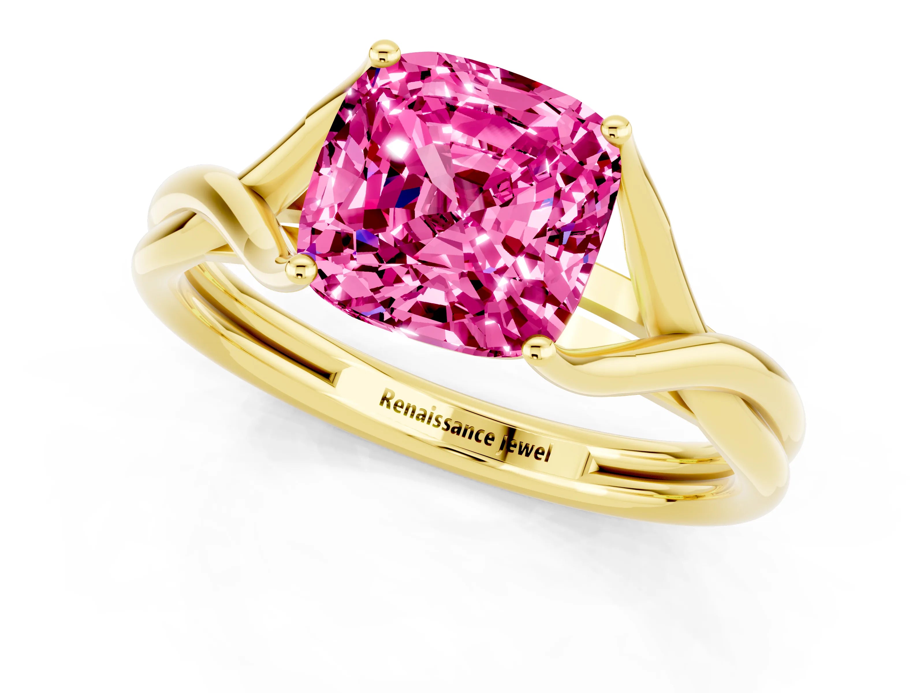 Yellow gold Cushion Cut Pink Sapphire Solitaire Twist Band Prong Setting Ring_73