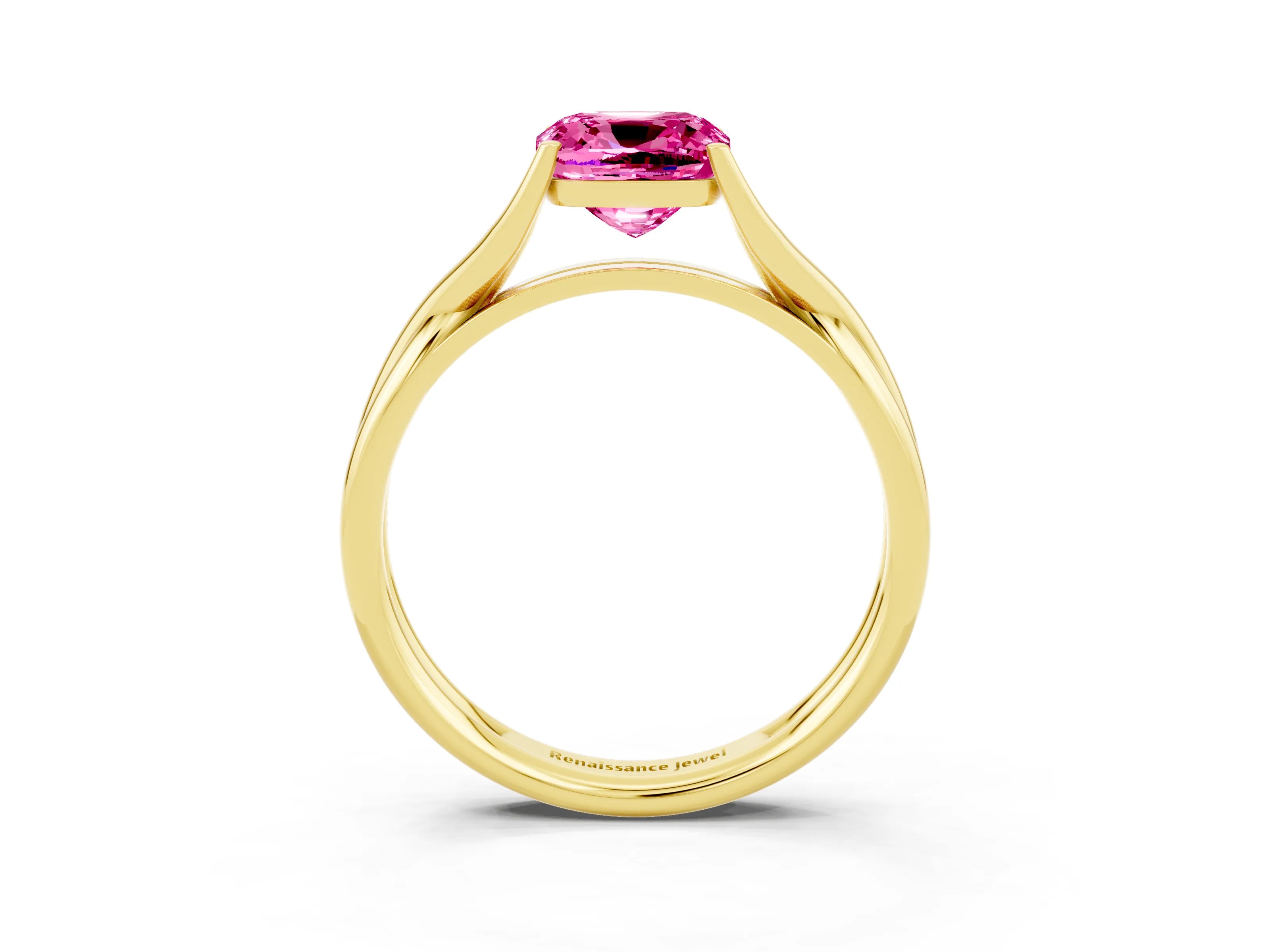 Yellow gold Cushion Cut Pink Sapphire Solitaire Twist Band Prong Setting Ring_75