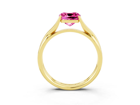 Yellow gold Cushion Cut Pink Sapphire Solitaire Twist Band Prong Setting Ring_75