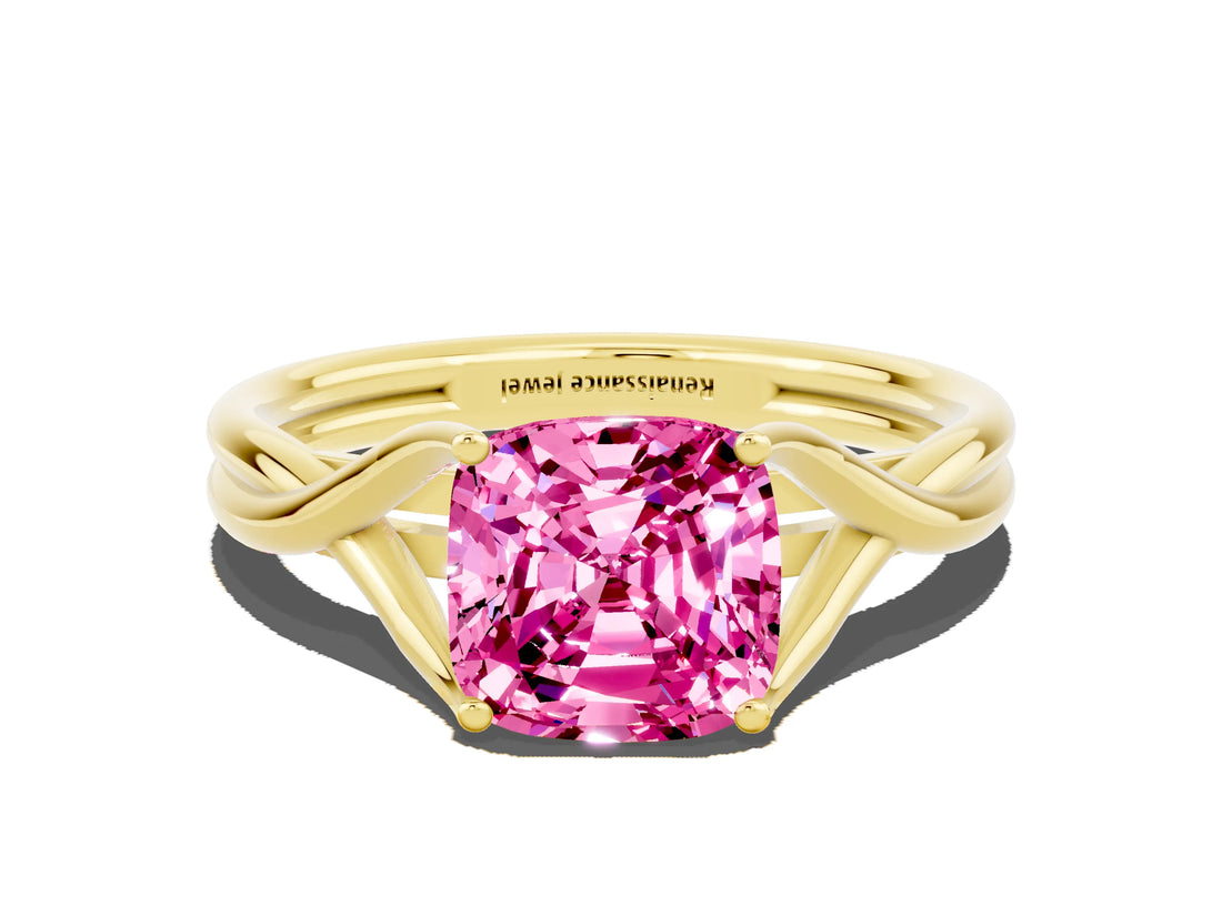 Yellow gold Cushion Cut Pink Sapphire Solitaire Twist Band Prong Setting Ring_96