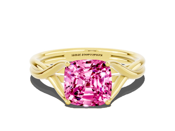 Yellow gold Cushion Cut Pink Sapphire Solitaire Twist Band Prong Setting Ring