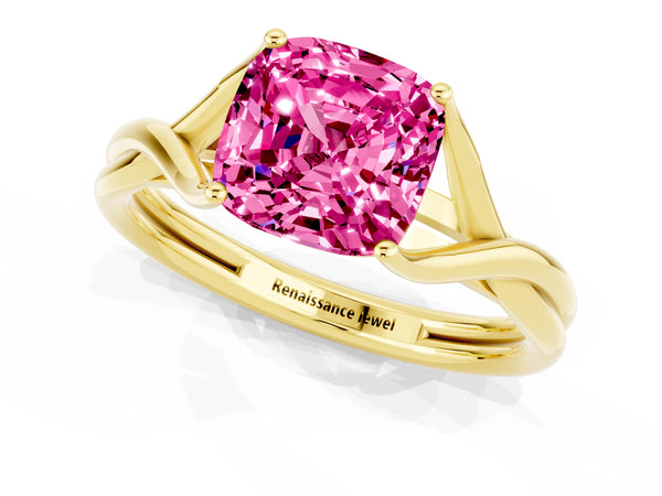 Yellow gold Cushion Cut Pink Sapphire Solitaire Twist Band Prong Setting Ring