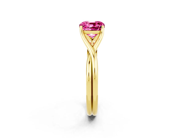 Yellow gold Cushion Cut Pink Sapphire Solitaire Twist Band Prong Setting Ring