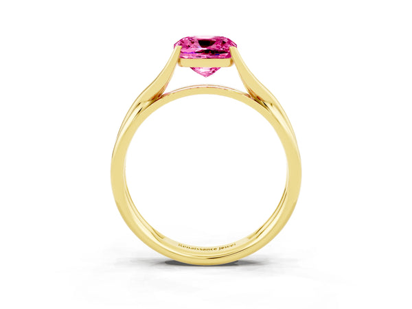 Yellow gold Cushion Cut Pink Sapphire Solitaire Twist Band Prong Setting Ring