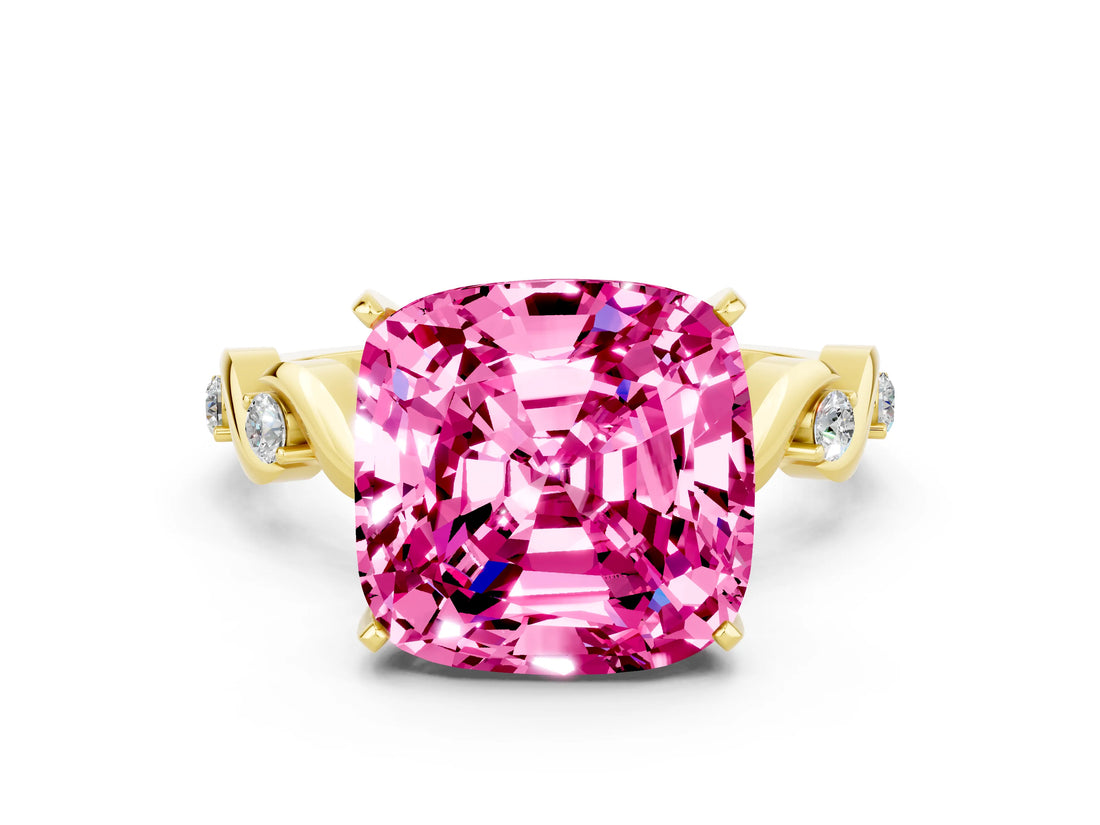 Yellow gold Cushion Cut Pink Sapphire Solitaire Twisted Band with Round  Accents and Prong Setting_12