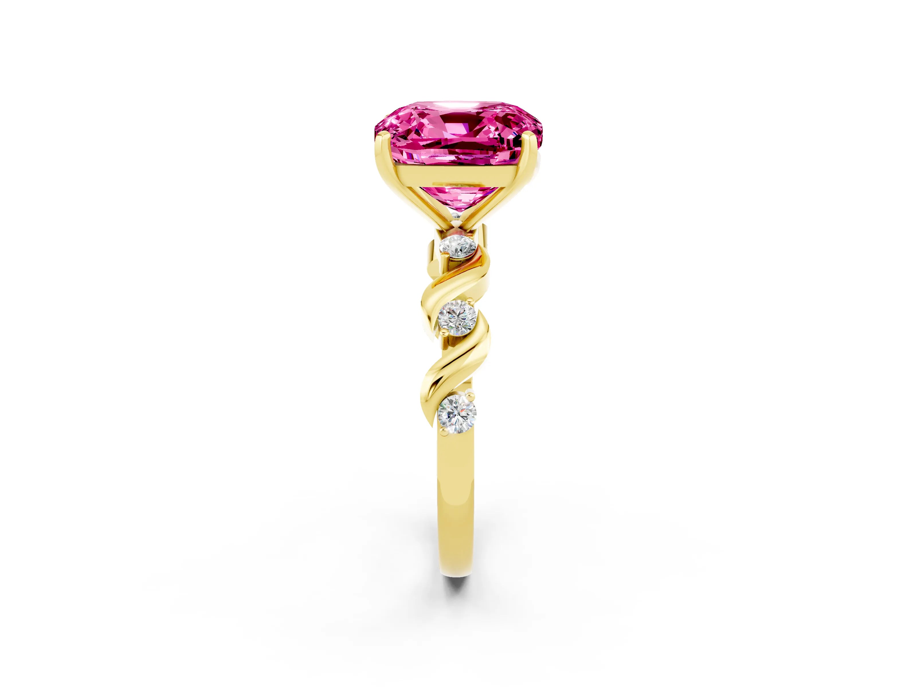 Yellow gold Cushion Cut Pink Sapphire Solitaire Twisted Band with Round  Accents and Prong Setting_14