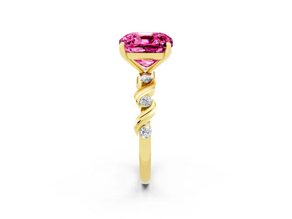 Yellow gold Cushion Cut Pink Sapphire Solitaire Twisted Band with Round  Accents and Prong Setting