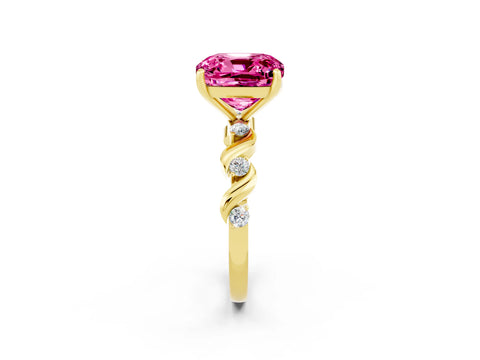 Yellow gold Cushion Cut Pink Sapphire Solitaire Twisted Band with Round  Accents and Prong Setting_14