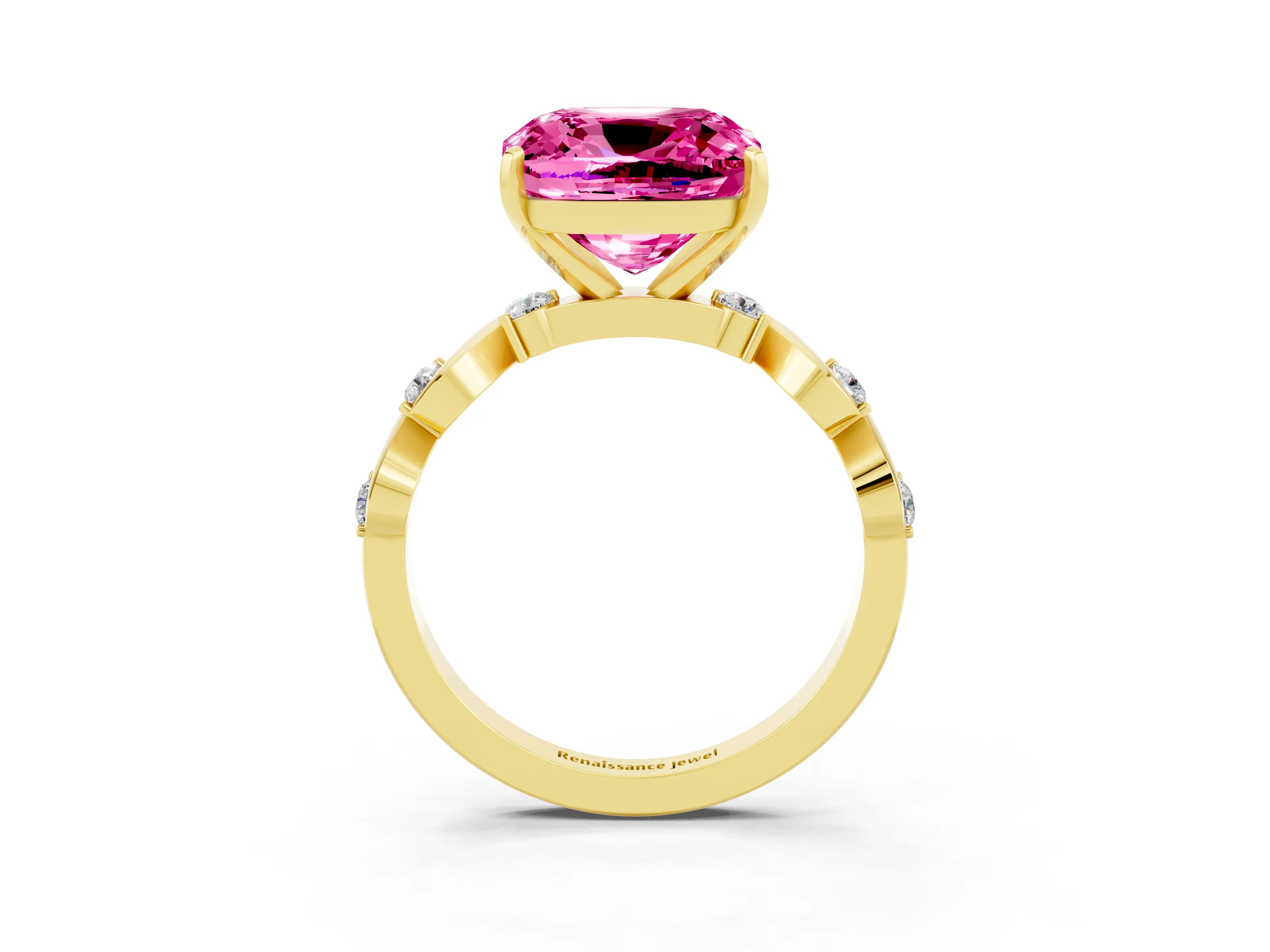 Yellow gold Cushion Cut Pink Sapphire Solitaire Twisted Band with Round  Accents and Prong Setting_15