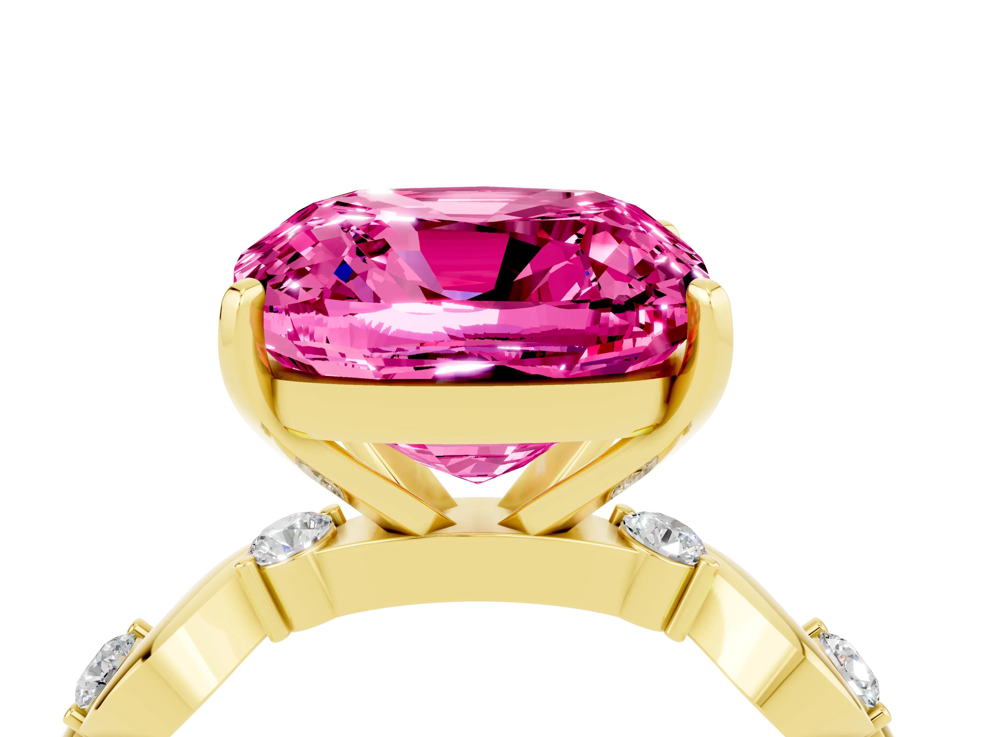 Yellow gold Cushion Cut Pink Sapphire Solitaire Twisted Band with Round  Accents and Prong Setting_16