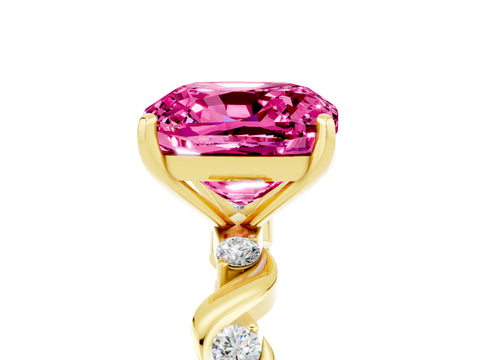 Yellow gold Cushion Cut Pink Sapphire Solitaire Twisted Band with Round  Accents and Prong Setting_17
