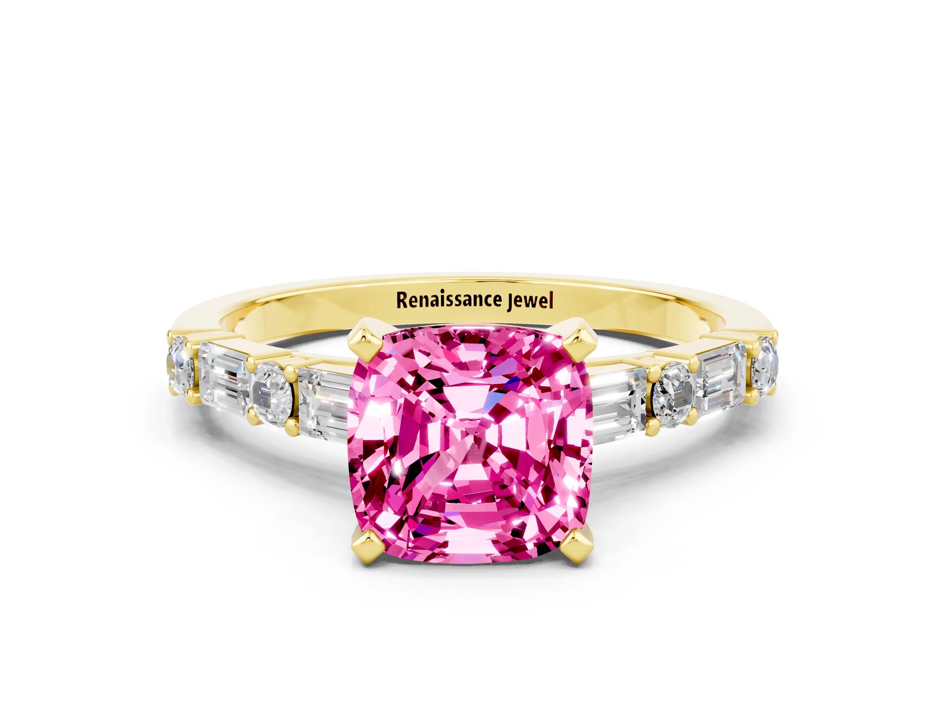 Yellow gold Cushion Cut Pink Sapphire Solitaire with Side Baguettes and Channel Set Band_24