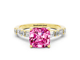 Yellow gold Cushion Cut Pink Sapphire Solitaire with Side Baguettes and Channel Set Band_24