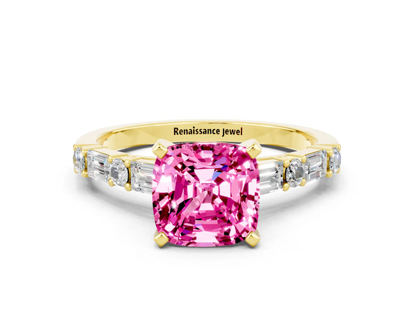 Yellow gold Cushion Cut Pink Sapphire Solitaire with Side Baguettes and Channel Set Band