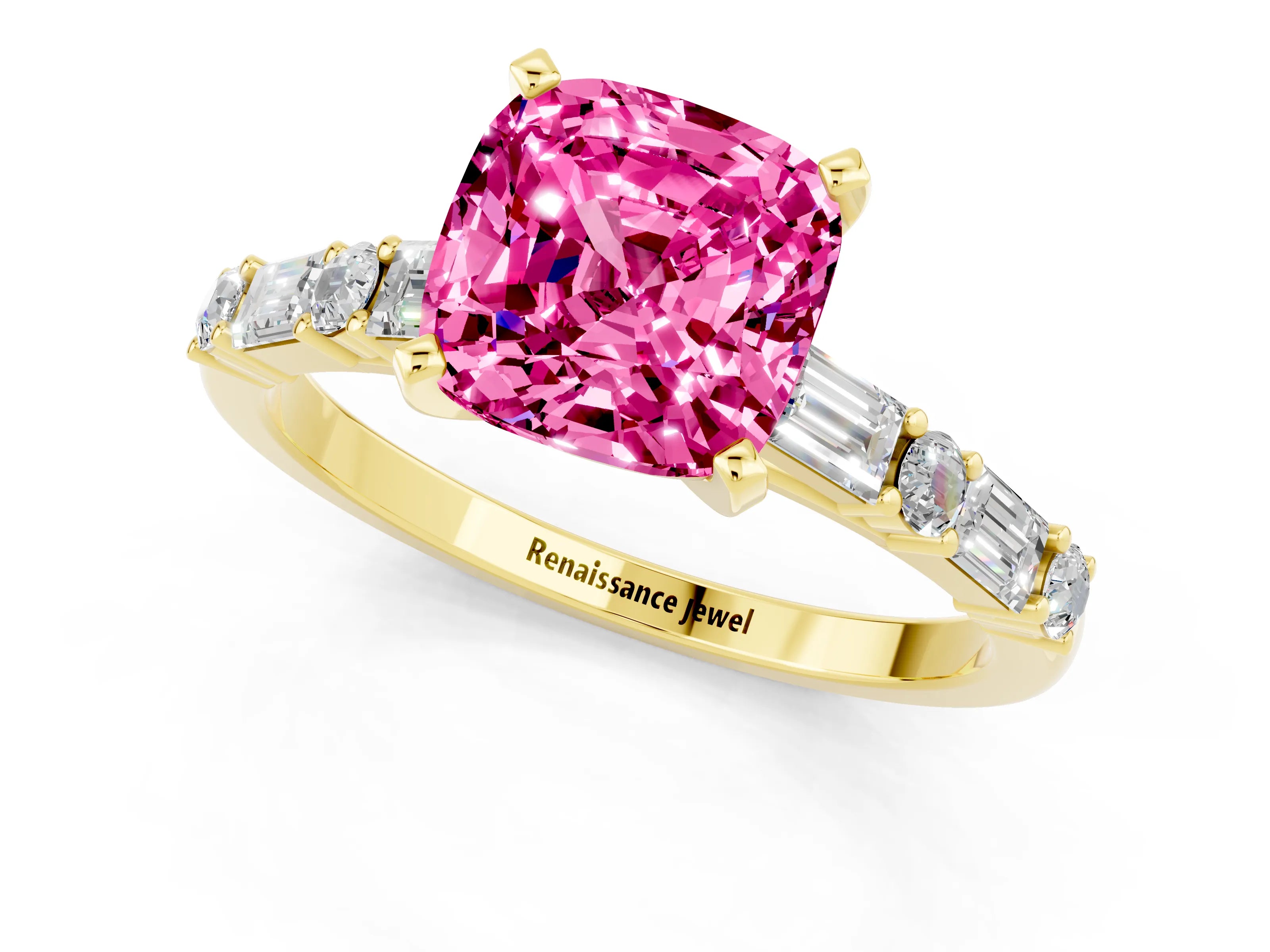 Yellow gold Cushion Cut Pink Sapphire Solitaire with Side Baguettes and Channel Set Band_25