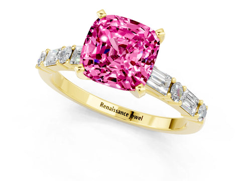Yellow gold Cushion Cut Pink Sapphire Solitaire with Side Baguettes and Channel Set Band_25