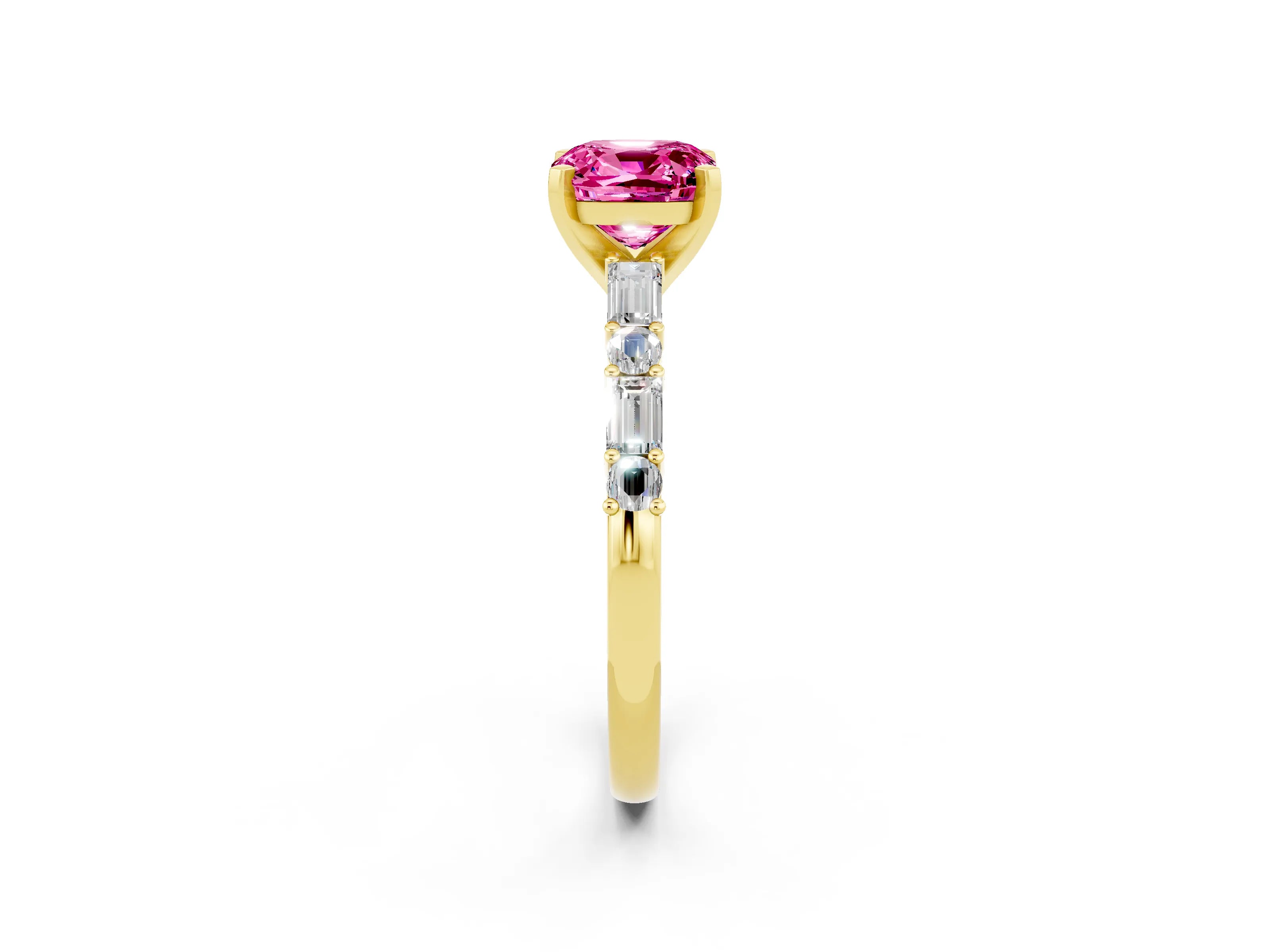Yellow gold Cushion Cut Pink Sapphire Solitaire with Side Baguettes and Channel Set Band_26