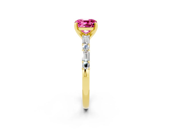 Yellow gold Cushion Cut Pink Sapphire Solitaire with Side Baguettes and Channel Set Band