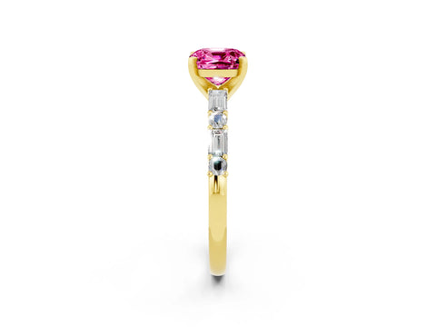 Yellow gold Cushion Cut Pink Sapphire Solitaire with Side Baguettes and Channel Set Band_26