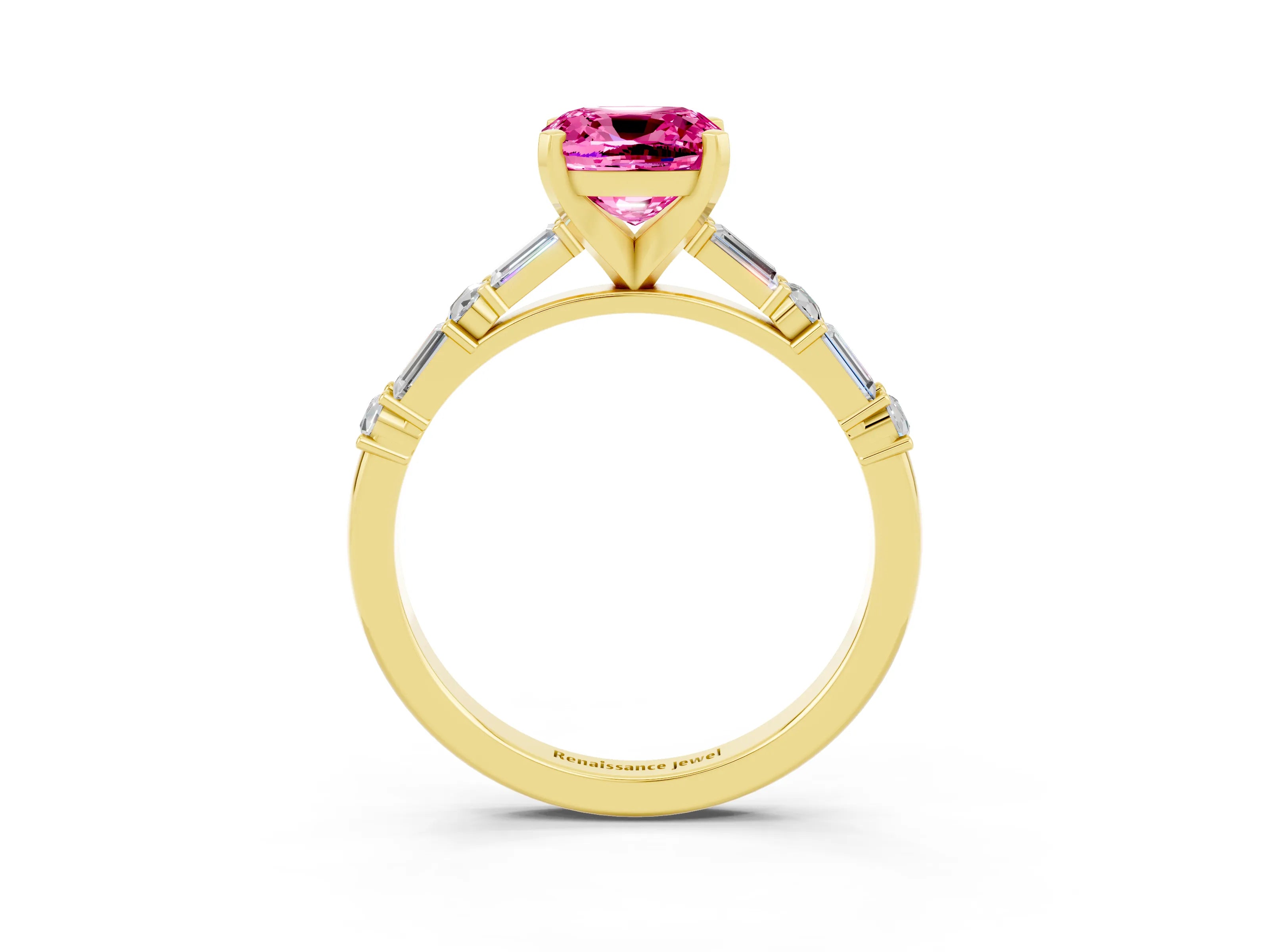 Yellow gold Cushion Cut Pink Sapphire Solitaire with Side Baguettes and Channel Set Band_27