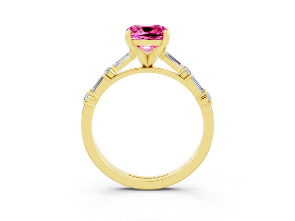 Yellow gold Cushion Cut Pink Sapphire Solitaire with Side Baguettes and Channel Set Band