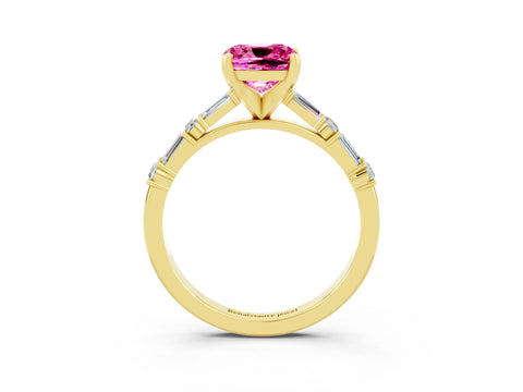 Yellow gold Cushion Cut Pink Sapphire Solitaire with Side Baguettes and Channel Set Band_27