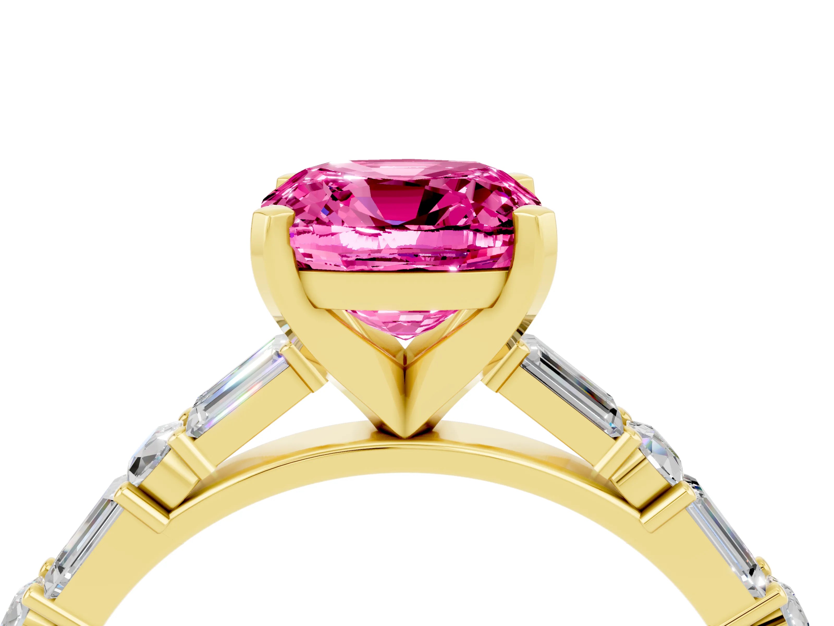 Yellow gold Cushion Cut Pink Sapphire Solitaire with Side Baguettes and Channel Set Band_28