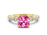 Yellow gold Cushion Cut Pink Sapphire Solitaire with Side Stones, Pave Band, Four-Prong Setting_60