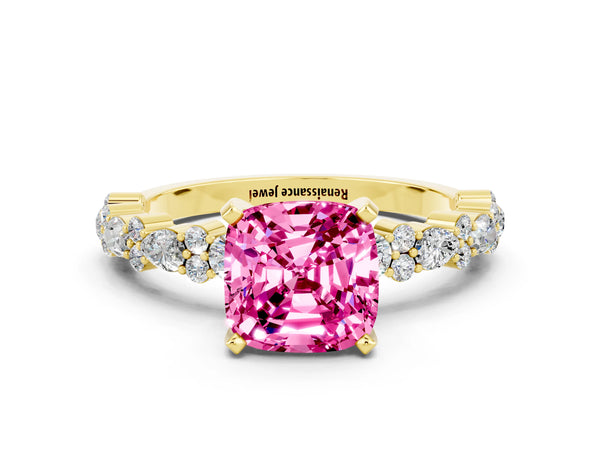 Yellow gold Cushion Cut Pink Sapphire Side Stone Solitaire Ring with Round  and Four-Prong Setting