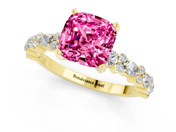 Yellow gold Cushion Cut Pink Sapphire Side Stone Solitaire Ring with Round  and Four-Prong Setting