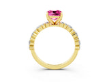 Yellow gold Cushion Cut Pink Sapphire Solitaire with Side Stones, Pave Band, Four-Prong Setting_63