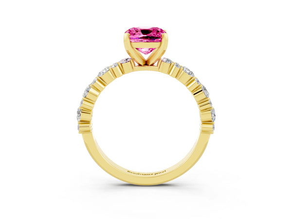Yellow gold Cushion Cut Pink Sapphire Side Stone Solitaire Ring with Round  and Four-Prong Setting