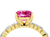Yellow gold Cushion Cut Pink Sapphire Solitaire with Side Stones, Pave Band, Four-Prong Setting_64