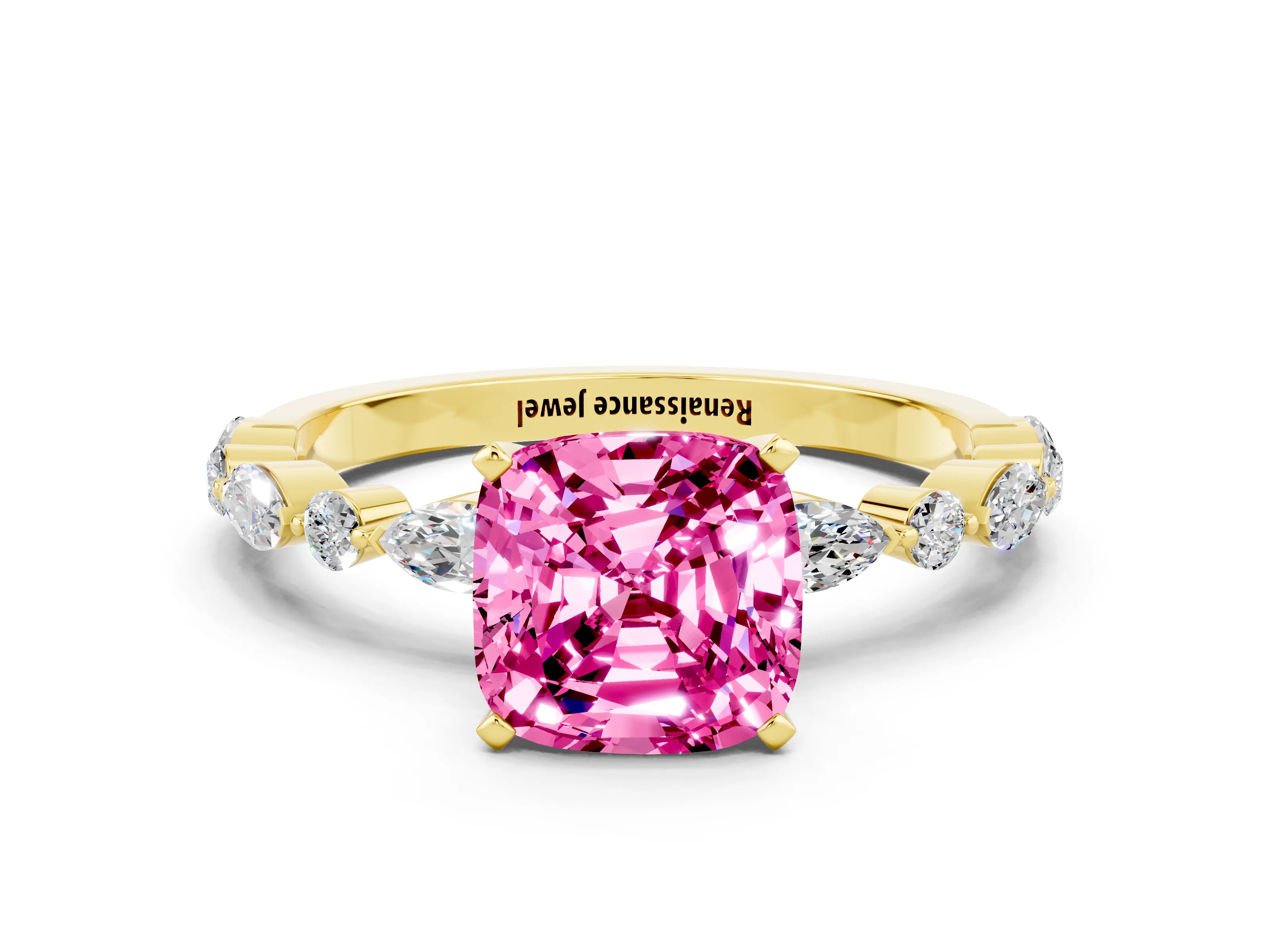 Yellow gold Cushion Cut Pink Sapphire Solitaire with Side Stones on a Pavé Band and Four-Prong Setting_24