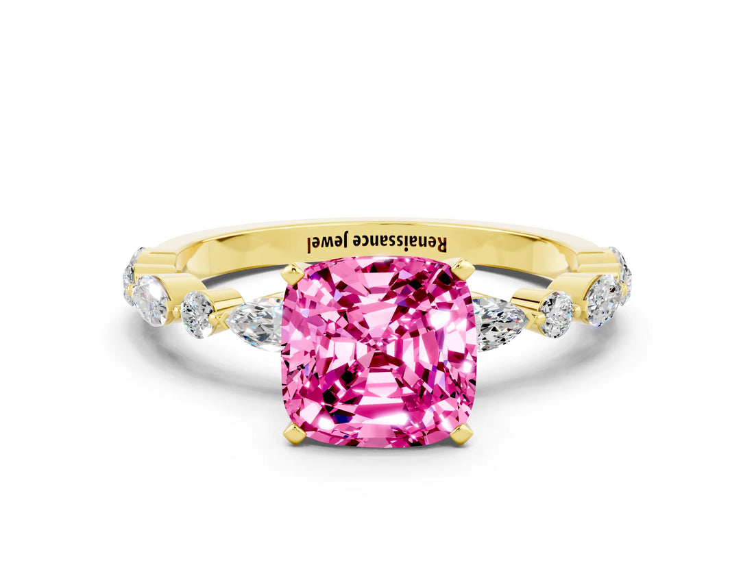 Yellow gold Cushion Cut Pink Sapphire Solitaire with Side Stones on a Pavé Band and Four-Prong Setting_24